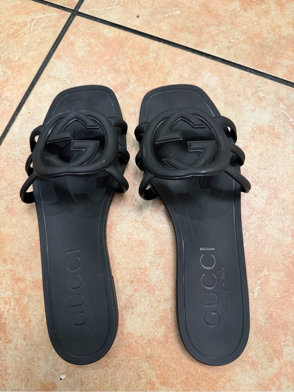 Gucci Black Rubber Interlocking G Slide Sandals